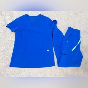 Figs royal blue, size XS scrub top and high waisted jogger xs bottom